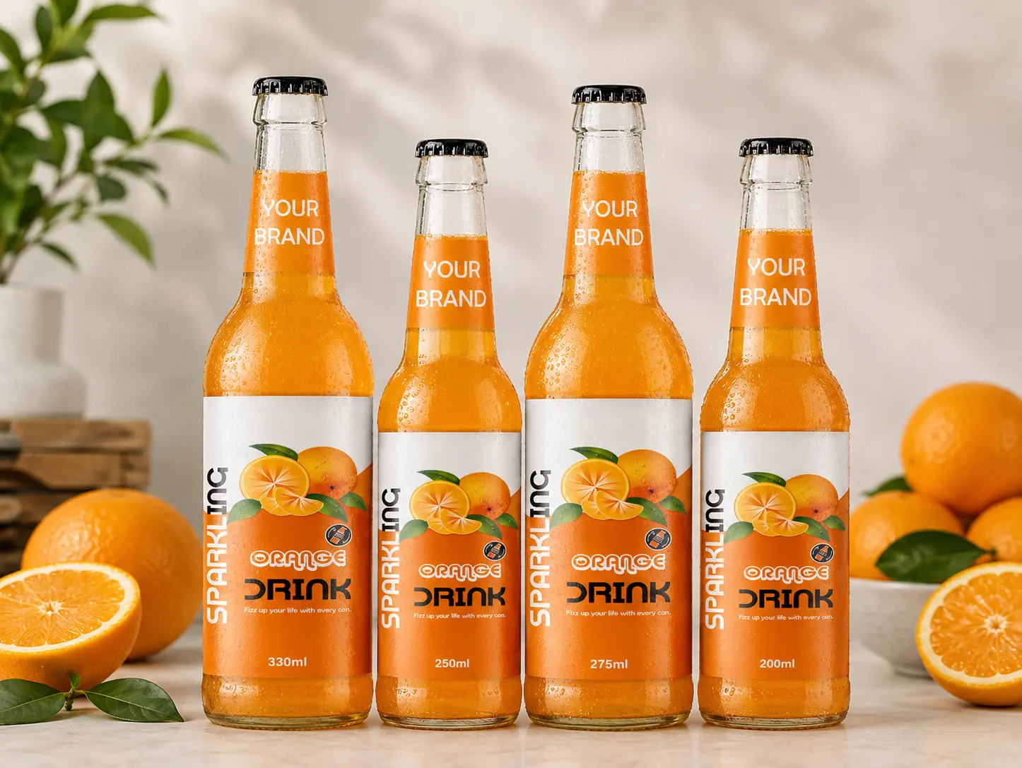 SPARKLING DRINK Orange Flavored Drink in 330ml, 250ml, 275ml, and 200ml glass bottles.